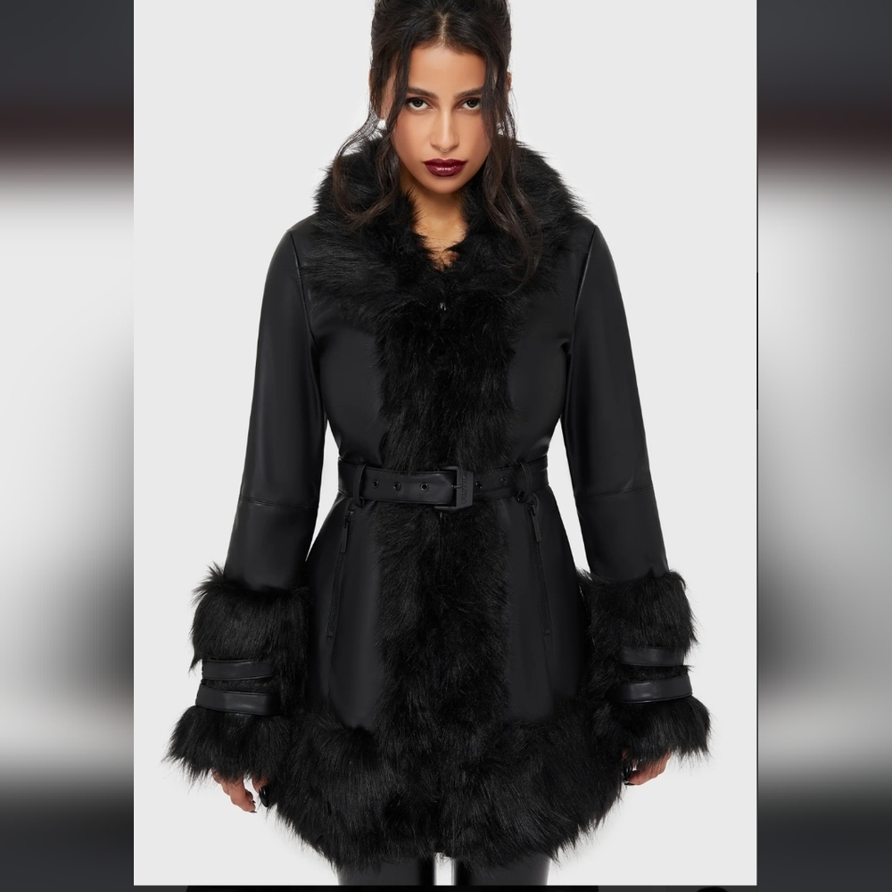 Killstar Black Faux Fur Trimmed Coat - Picture 2 of 7